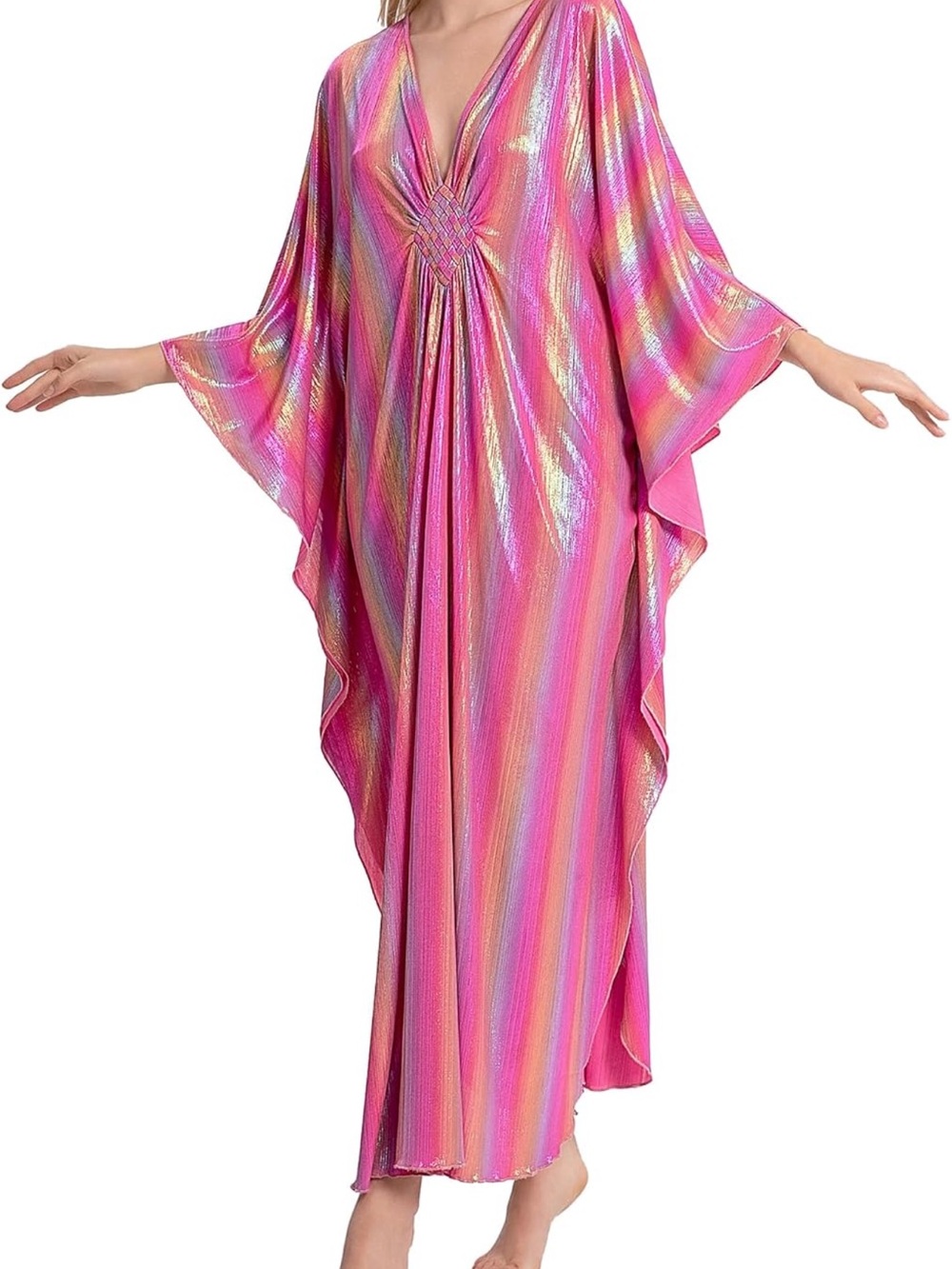 Metallic Pink Multi-Stripe Kaftan Dress with Knot Front